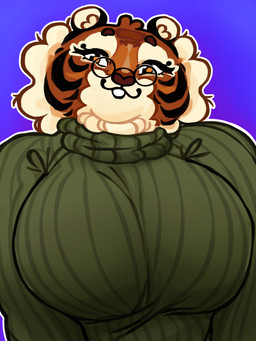 anthro belly big_breasts big_cheeks black_ears black_eyewear black_glasses breasts brown_eyebrows brown_nose cheek circle_eyebrows cleavage clothed clothed_anthro clothed_female clothing eyebrows eyewear female glasses gradient_background green_clothing green_sweater green_topwear inner_ear_fluff looking_at_viewer navel neck_tuft open_mouth open_smile orange_eyes red_clothing red_underwear shirt simple_background small_ears small_glasses smile solo sweater teeth topwear tuft underwear wearing_glasses white_belly white_inner_ear_fluff highlandkall naomi_(highlandkall) felid mammal pantherine tiger 2024 3:4 colored digital_drawing_(artwork) digital_media_(artwork) hi_res