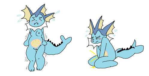 anthro blue_body blush bodily_fluids breasts covering covering_crotch eyes_closed female female_peeing fin flying_sweatdrops frill_(anatomy) genital_fluids genitals head_fin kneeling knock-kneed neck_frill nipples nude nude_anthro nude_female omorashi peeing peeing_on_self simple_background solo standing sweat sweatdrop tail tail_fin translucent translucent_body urine urine_on_self vulva watersports white_background theonetruesinner nintendo pokemon eeveelution generation_1_pokemon pokemon_(species) vaporeon