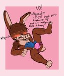 ambiguous_gender anthro belly_rub blush bulge clothing detailed_bulge duo dwarfism hair hair_over_eyes humiliation jockstrap lying male male/ambiguous male_focus moan on_back solo_focus squeaking submissive underwear humazawhat dexter_(littlerager) lagomorph leporid mammal rabbit hi_res