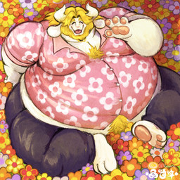 2_horns anthro barefoot beard belly big_belly big_butt black_bottomwear black_clothing black_pants blonde_beard blonde_facial_hair blonde_hair body_hair bottomwear butt chest_hair clothing collared_shirt dress_shirt eyes_closed facial_hair feet floppy_ears flower fluffy fluffy_chest gesture hair happy_trail horn huge_belly long_ears male moobs morbidly_obese morbidly_obese_male obese obese_anthro obese_male open_mouth overweight overweight_anthro overweight_male pants pawpads pink_clothing pink_pawpads pink_shirt pink_tongue pink_topwear plant shirt sitting solo t-shirt thick_thighs tight_clothing tongue topwear waving revofreverie undertale_(series) asgore_dreemurr bovid caprine goat mammal hi_res