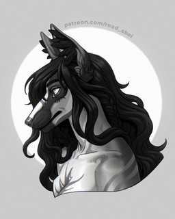 abstract_background black_hair braided_hair dark_hair feathers female hair markings side_view solo striped_markings stripes wavy_hair road~abelgeym canid canine mammal black_and_white bust_portrait hi_res monochrome portrait