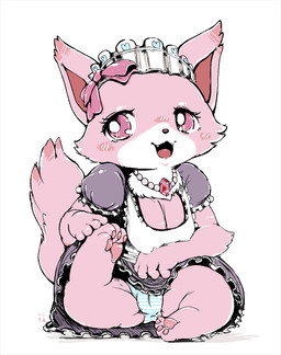 anthro big_breasts blush bottomwear breasts camel_toe chest_tuft chibi cleavage clothed clothing female fluffy fluffy_tail fur genital_outline jewelry looking_at_viewer maid_headdress maid_uniform necklace panties pawpads pink_body pink_eyes pink_fur ribbons semi-anthro shortstack skirt solo tail tuft underwear uniform vulva_outline nosen jewelpet sanrio sega sega_fave garnet_(jewelpet) domestic_cat felid feline felis mammal persian_cat