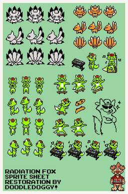 anthro backwards_baseball_cap backwards_hat baseball_cap border clothing crossed_arms eyebrows eyewear feral fur green_body green_fur hat headgear headwear keyboard_instrument multi_tail musical_instrument musical_keyboard musical_note musical_symbol playing_music red_clothing red_headwear semi-anthro simple_background skateboard skateboard_trick skateboarding sprite sprite_art sunglasses symbol tail teal_background toony vehicle white_border caplog doodledoggy undertale undertale_(series) doodle_(doodledoggy) radiation_fox_(undertale) canid canine canis domestic_dog fox mammal digital_media_(artwork) hi_res model_sheet pixel_(artwork)