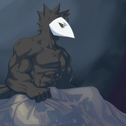 abs bed bed_sheet bedding biceps black_body black_feathers feathers furniture male muscular muscular_male pecs simple_background solo tail tail_feathers yellow_eyes pitania4 deltarune undertale_(series) swatch_(deltarune) avian darkner swatchling 1:1