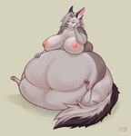 anthro belly big_belly big_breasts black_body black_fur breasts eyes_closed female fur grey_body grey_fur grey_hair hair hand_on_belly huge_belly huge_breasts long_hair navel nipples nude obese obese_anthro obese_female overweight overweight_anthro overweight_female pawpads pink_nipples semi-anthro sitting solo tail dollylolly helluva_boss mythology loona_(helluva_boss) canid canid_demon canine canis demon hellhound mammal mythological_canine mythological_creature wolf hi_res