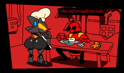 anthro apron big_butt black_eyes bodily_fluids bottomwear building butt chair chef_hat clothed clothing container cup cutlery duo food fork furniture gloves handwear hat headgear headwear kitchen_utensils machine male on_chair pants plate pushbutton red_body red_clothing red_skin robotic_leg sitting sitting_on_chair sweat sweatdrop table text thick_thighs tofu_(food) tools yellow_eyes superiorfox creepypasta sega sonic.exe_(creepypasta) sonic_the_hedgehog_(series) starved_(creepypasta) dr._eggman furnace_(dumbie_dumbie) metal_sonic starved_eggman_(dumbie_dumbie) eulipotyphlan hedgehog human mammal robot english_text