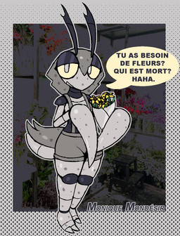 antennae_(anatomy) anthro arthropod_abdomen bouquet dialogue exoskeleton female flower grey_body plant raptorial_(anatomy) solo speech_bubble suspenders text lizardfungus arthropod dead_leaf_mantis insect mantis french_text hi_res