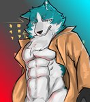 abs anthro clothed clothing male muscular muscular_anthro muscular_male open_clothing open_shirt open_topwear pecs shirt solo topwear nyanhan brand_new_animal studio_trigger shirou_ogami canid canine canis mammal wolf hi_res