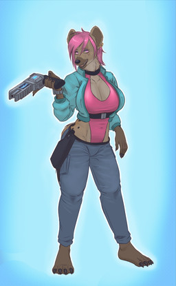anthro bottomwear breasts brown_body brown_fur clothed clothing collar ear_piercing ear_ring feet female fur gun gun_holster hair handgun holding_gun holding_handgun holding_object holding_ranged_weapon holding_revolver holding_weapon jacket looking_at_viewer open_clothing open_jacket open_mouth open_topwear pants piercing ranged_weapon revolver ring_piercing simple_background solo standing tail teeth toes topwear weapon drxsmokey hyena mammal spotted_hyena absurd_res digital_media_(artwork) hi_res
