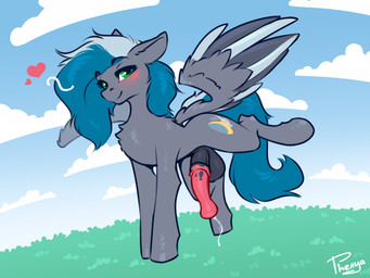 animal_genitalia animal_penis blush cutie_mark equine_genitalia equine_penis feathers feral genitals grey_body grey_feathers looking_at_viewer male outside penis smile smiling_at_viewer solo wings phenyanyanya friendship_is_magic hasbro my_little_pony mythology fan_character equid equine mammal mythological_creature mythological_equine pegasus hi_res