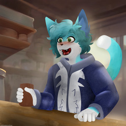 anthro blue_body blue_fur blush clothed clothing drunk fur green_eyes grey_body grey_fur hair holding_object magic_user male open_mouth smile solo store substance_intoxication gekomsufuzzy felid feline mammal 1:1 absurd_res digital_media_(artwork) hi_res