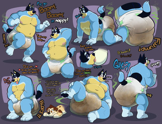 anthro blue_body blue_fur blush breastfeeding caught crouching dialogue diaper embarrassed erection erection_in_diaper feces fur male mature_anthro mature_male nipples overweight overweight_male pooping rear_view soiled_diaper soiling soiling_diaper stink_fumes stink_lines text unclean_diaper used_diaper using_diaper yellow_body yellow_fur baltnwolf bluey_(series) bandit_heeler chilli_heeler australian_cattle_dog canid canine canis cattledog domestic_dog herding_dog mammal pastoral_dog 2025 digital_media_(artwork) english_text hi_res