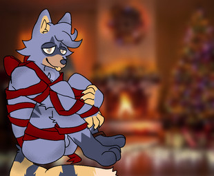 anthro balls bdsm bondage bound bow_ribbon genitals holidays male solo goopdroops christmas mammal procyonid raccoon character_request