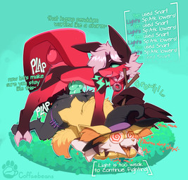 anthro anthro_on_anthro anthro_penetrated anthro_penetrating anthro_penetrating_anthro arms_tied ass_up big_hands bodily_fluids bound breast_squish breasts clothing collar doggystyle eyewear fangs female fluffy_ears forced from_behind_position gameplay_mechanics glasses glistening glistening_hair green_sclera grey_hair hair hat headgear headwear heart_symbol holding_down hypnosis looking_back male male/female medium_breasts mind_control multicolored_body negative_status_effect open_mouth pendulum penetration pokemorph rape sex short_hair simple_background smile sound_effects spiral spiral_eyes squish submissive submissive_anthro submissive_female sweat tail teeth text tongue tongue_out two_tone_body witch_hat coffaebeans nintendo pokemon light_(lightthebraixen) yen_(coffaebeans) braixen generation_6_pokemon legendary_pokemon pokemon_(species) yveltal absurd_res hi_res