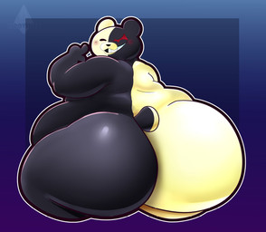 ambiguous_gender anthro belly big_belly big_butt black_body black_fur blue_background butt fur grin huge_belly huge_butt huge_hips huge_thighs hyper looking_back multicolored_body multicolored_fur overweight overweight_ambiguous overweight_anthro rear_view simple_background smile solo thick_thighs two_tone_body two_tone_fur white_body white_fur wide_hips cirothicc danganronpa spike_chunsoft monokuma bear mammal 2024 hi_res