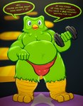 anthro barazoku barefoot beak belly biceps big_bulge big_muscles bulge clothed clothing detailed_bulge dialogue dumbbell exercise feathers feet front_view genital_outline green_body green_feathers looking_at_viewer male mascot musclegut muscular muscular_anthro muscular_male open_mouth overweight overweight_anthro overweight_male pecs penis_outline praise simple_background solo standing talking_to_viewer talons text thong toes topless topless_anthro topless_male tuft underwear weightlifting weights workout daxhush duolingo duo_(duolingo) avian bird owl 2022 english_text