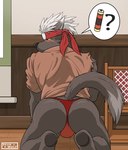 all_fours anthro asian_clothing battery black_body black_fur butt clothing east_asian_clothing fundoshi fur hair japanese_clothing kneeling male question_mark solo thong underwear white_hair seandemon lifewonders tokyo_afterschool_summoners tadatomo_(tas) canid canine canis domestic_dog mammal hi_res