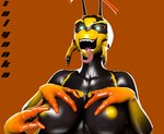 3_fingers antennae_(anatomy) anthro black_body breasts duo female fingers glistening glistening_body glowing glowing_eyes green_eyes hand_on_breast hands_on_own_breasts long_tongue mandibles multi_limb multicolored_body nipples one_eye_half-closed open_mouth open_smile orange_background orange_fingers pink_tongue sharp_teeth simple_background smile smiling_at_viewer solo teeth tongue tongue_out touching_breast two_tone_body yellow_body yellow_nipples zelyonka petruz_(copyright) arthropod hymenopteran insect wasp 2024 3d_(artwork) digital_media_(artwork) hi_res source_filmmaker_(artwork) watermark