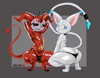 accessory ambiguous_anthro ambiguous_gender anthro anthro_on_anthro balls big_butt blue_eyes blush bulge butt clothed clothed_ambiguous clothed_anthro clothed_male clothing demi_impmon detailed_bulge duo fur furgonomics genitals horn jewelry male male/ambiguous male/male male_anthro oiled_body red_body red_fur ring shortstack simple_background spade_tail tail tail_accessory tail_jewelry tail_ring thick_thighs tuft white_body white_fur wide_hips ema_imp~ bandai_namco digimon mythology fan_character demon digimon_(species) felid feline gatomon hybrid imp mammal digital_media_(artwork) hi_res