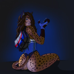 anthro backpack claws clothing female fingerless_gloves gloves handwear humanoid_face leotard simple_background solo uniform splatterbunny ashanti_(splatterbunny) cheetah felid feline hybrid mammal 1:1