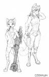 anthro armor digitigrade duo female furgonomics male smile standing coonkun bassariscus canid canine fox mammal procyonid ring-tailed_cat greyscale monochrome sketch