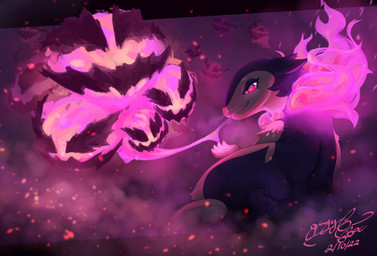 ambiguous_gender duo feral fire fog looking_at_viewer sitting gingy_k_fox nintendo pokemon pokemon_legends_arceus generation_8_pokemon ghost hisuian_form hisuian_typhlosion pokemon_(species) regional_form_(pokemon) spirit 2022 signature
