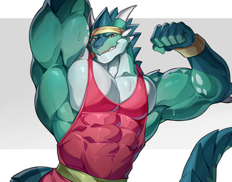 abs anthro barazoku biceps big_muscles black_hair black_horn blue_body bodily_fluids clothing flexing hair horn huge_muscles looking_at_viewer male muscular muscular_anthro muscular_male pecs raised_arm shirt solo sweat sweatdrop tank_top topwear chung0_0 mythology dragon mythological_creature mythological_scalie scalie hi_res
