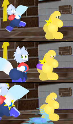 anthro armless big_breasts big_butt bodily_fluids breasts butt clothed clothing dildo directional_arrow duo excessive_genital_fluids female female/female genital_fluids nude object_in_ass outside sex_toy wet-dry_world wolfboi mario_bros nintendo super_mario_64 mips power_star felid lagomorph leporid mammal rabbit comic digital_drawing_(artwork) digital_media_(artwork) lineless