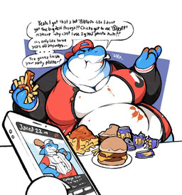 annoyed anthro baseball_bat bat_(object) before_and_after belly beverage big_belly big_cheeks blue_body blue_skin bone burger burping clothing dialogue electronics fat_arms fin first_person_view food fries holding_object holding_phone huge_belly jacket jock love_handle male messy_eater moobs obese obese_anthro obese_male overweight overweight_anthro overweight_male phone red_cap red_clothing red_jacket red_topwear sharp_teeth shirt slim soda solo speech_bubble stuffing talking_to_viewer teeth text thick_neck topwear white_body white_clothing white_shirt white_skin white_topwear boot_(artist) jared_(boot) aquatic fish shark 2020 english_text