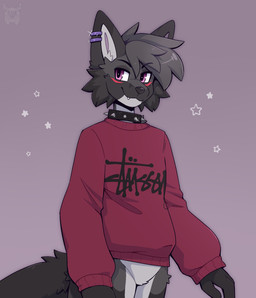 anthro black_body black_eyebrows black_fur black_hair black_nose bottomless cheek_tuft clothed clothing collar ear_piercing eyebrows facial_tuft fur grey_body grey_fur hair looking_away male markings multicolored_body multicolored_fur piercing purple_eyes red_markings short_hair simple_background smile solo spiked_collar spikes sweater sweater_only tail topwear topwear_only tuft fleurfurr canid canine fox mammal cel_shading colored digital_drawing_(artwork) digital_media_(artwork) hi_res shaded