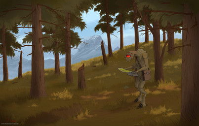 anthro bag detailed_background digitigrade forest hooves male mountain nude outside plant solo tree eriada1992_(artist) vortigaunt hi_res