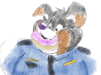accessory anthro black_body black_fur brown_body brown_fur chubby_cheeks clothed clothing dessert double_chin doughnut eating food food_in_mouth fur male moobs necktie overweight overweight_anthro overweight_male pastry simple_background solo teeth uniform white_background white_body white_fur tumble-dry bernese_mountain_dog canid canine canis domestic_dog mammal molosser mountain_dog swiss_mountain_dog bust_portrait hi_res portrait