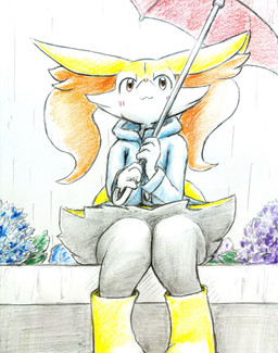 :3 ambiguous_anthro ambiguous_gender anthro biped blush boots clothed clothed_ambiguous clothed_anthro clothing coat detailed_background ears_down flower footwear front_view holding_object holding_umbrella outside pivoted_ears plant raincoat raining shoes sitting snout solo topwear umbrella eiroru nintendo pokemon braixen canid generation_6_pokemon mammal pokemon_(species) 2024 colored_pencil_(artwork) graphite_(artwork) hi_res portrait three-quarter_portrait traditional_media_(artwork)
