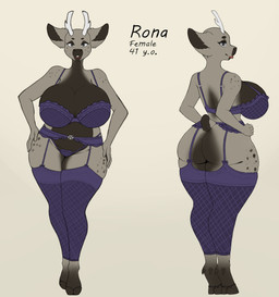 anthro antlers big_breasts bra breasts circle_eyebrows clothed clothed_anthro clothed_female clothing countershade_torso countershading eyebrows female female_anthro fingers grey_body hands_on_hips hooves horn legwear lingerie mature_anthro mature_female multicolored_body purple_bra purple_clothing purple_lingerie purple_underwear simple_background solo standing tail thick_thighs thigh_highs underwear fafas_123 rona deer mammal 2025 absurd_res hi_res