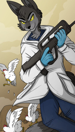 anthro assault_rifle bent_legs big_ears big_tail black_body black_fur blue_bottomwear blue_clothing blue_gloves blue_handwear blue_pants blue_shirt blue_topwear bottomwear cheek_tuft clothing cloud coat curled_tail desert eyebrows facial_tuft famas feral fluffy fluffy_tail flying fur gloves grey_body grey_fur gun handwear head_tuft hill lab_coat magazine_(gun) male markings medical_gloves mouth_closed multicolored_body multicolored_fur neck_tuft outside pants ranged_weapon rifle running shirt smug smug_expression solo standing sunset tail tail_markings topwear trigger_discipline tuft two_tone_body two_tone_fur undershirt weapon white_clothing yellow_eyes hachimakiyaki janusz avian bird canid canine canis chicken galliform hybrid mammal phasianid wolf wolfdog 2025 digital_drawing_(artwork) digital_media_(artwork) hi_res shaded