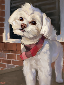 brick brick_wall brown_eyes feral fur looking_at_viewer mouth_closed quadruped solo standing wall_(structure) white_body white_fur window alexpahomov canid canine canis domestic_dog maltese mammal toy_dog 2021 digital_media_(artwork) digital_painting_(artwork) hi_res painting_(artwork)