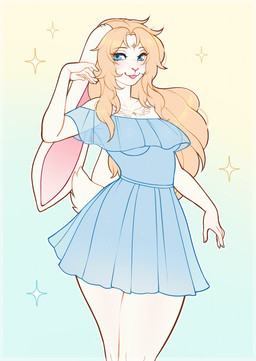 5_fingers anthro bare_shoulders blonde_hair blue_clothing blue_dress blue_eyes blush breasts clothing collarbone dress eyelashes female fingers hair huge_ears long_hair looking_at_viewer medium_breasts open_mouth pink_inner_ear pink_nose pose smile solo tail tan_body kitsunewaffles-chan lagomorph leporid mammal rabbit colored digital_drawing_(artwork) digital_media_(artwork) flat_colors hi_res