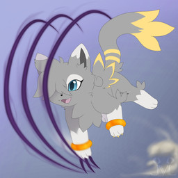 ambiguous_gender attack big_tail blue_eyes claws fangs feral fur grey_body grey_fur ring solo tail teeth white_body white_fur wings jm-luxro art_fight artfight2025 bandai_namco digimon fan_character digimon_(species) felid feline mammal 1:1 absurd_res hi_res