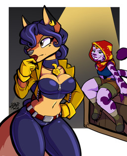 anthro athletic athletic_anthro athletic_female bedroom_eyes belt biped blue_hair boots bottomwear breasts brown_eyes cleavage clothed clothing cocked_hip collar confusion cropped_jacket denim denim_bottomwear denim_clothing duo ear_piercing ear_ring eyelashes female footwear gloves green_eyes hair half-closed_eyes handwear headscarf jeans lips lipstick long_eyelashes makeup midriff mole_on_cheek narrowed_eyes navel orange_body pants piercing police_badge purple_body purple_lipstick red_lipstick ring_piercing seductive shoes shorts sleeveless_crop_top small_waist smug_grin tail thick_lips thick_thighs wide_hips zipper_topwear rubbermage sly_cooper_(series) sony_corporation sony_interactive_entertainment sucker_punch_productions captain_neyla carmelita_fox canid canine felid fox mammal pantherine tiger 2020 hi_res