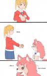 2019 anthro bodily_fluids bow_(feature) bow_tie bread canid canine clothed clothing comic dialogue duo english_text female food fox fur_(theterm) holding_object human kate_(theterm) kemono mammal offering_food school_uniform simple_background standing sweat sweatdrop text theterm trash uniform white_background young young_anthro young_female young_human