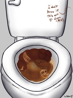 anthro bone broken_glasses brown_text clogged_toilet death dialogue disposal duo eyewear feces female glasses gradient_background offscreen_character offscreen_female scatplay simple_background skull teeth text toilet scottglass monster 3:4 hi_res