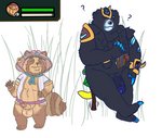 anthro balls black_body black_fur brown_body brown_fur clothing duo erection eyes_closed fur genitals hat headgear headwear male male/male overweight overweight_male penis question_mark custardalvis league_of_legends riot_games tencent spirit_blossom_teemo teemo_(lol) volibear bear canid canine mammal raccoon_dog tanuki yordle 2020 hi_res