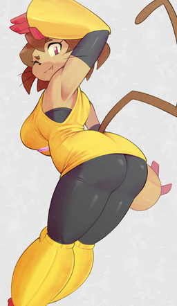 anthro big_breasts big_butt breasts brown_body brown_hair butt fangs female hair low-angle_view magenta_eyes one_eye_closed solo teeth thick_thighs whiskers wide_hips wink yellow_sclera cutegraphite gameoverse glitch_productions kit_bodega domestic_cat felid feline felis mammal 2026 hi_res