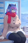 anthro bench big_breasts black_clothing black_legwear black_stockings blue_eyes bottomwear breasts bus_stop clothed clothing female fully_clothed hair huge_breasts kemono legwear looking_at_viewer mountain multicolored_hair outside red_scarf scarf sitting solo stockings topwear water lcshian mythology lanya_(lcshian) dragon mythological_creature mythological_scalie scalie wingless_dragon 2022 hi_res shaded