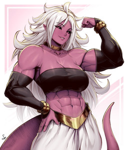 abs armwear bandeau biceps black_sclera bottomwear breasts clothing collarbone deltoids female flexing hair hand_on_hip humanoid_pointy_ears midriff muscular muscular_female navel not_furry pants pink_body pink_skin pointy_ears tail topwear white_hair speedl00ver dragon_ball dragon_ball_fighterz android_21 majin_android_21 alien alien_humanoid humanoid majin 2023 absurd_res hi_res