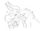 4_ears 4_horns anthro blush duo ear_piercing eyes_closed face_lick fangs female female_on_human heart_symbol horn human_on_anthro interspecies larger_anthro larger_female licking male male/female male_on_anthro multi_ear multi_horn piercing simple_background size_difference smaller_human smaller_male teeth tongue tongue_out white_background halbean guild_wars purna_whitewillow charr felid human mammal 2021 hi_res monochrome