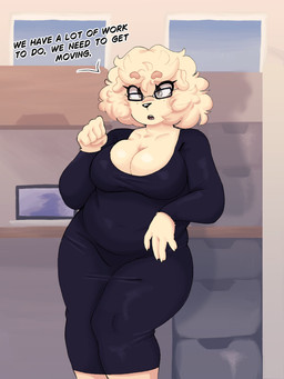 anthro big_breasts black_nose bottomwear breasts brown_eyebrows brown_eyes chest_tuft cleavage clothed clothing dress eyebrows eyelashes eyewear female fluffy fluffy_tail footwear freckled_face freckles fur glasses glistening glistening_eyes hair long_eyelashes long_tail pupils shoes short_hair socks standing tail tan_body tan_ears tan_fur tan_hair tan_tail text thick_thighs tuft skibanana jessica_(skibanana) canid canine canis domestic_dog mammal english_text hi_res