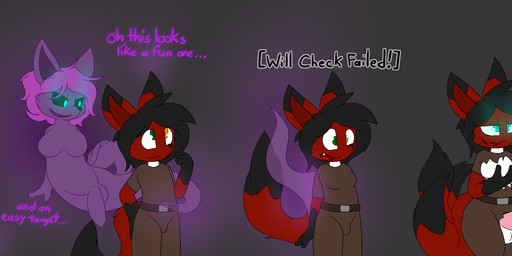 anthro balls belt black_hair bodily_fluids breasts bulge clothed clothing duo fully_clothed gender_transformation genital_fluids genitals glowing glowing_body glowing_eyes gynomorph gynomorph/male hair heterochromia holding_breast intersex intersex/male male mtg_transformation mti_transformation nude penis possession precum red_body simple_background smile text torn_clothing transformation translucent translucent_body nightfire cyrus_nightfire canid canine fox ghost mammal spirit 2020 english_text hi_res