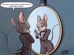 alternate_species anthro bottomwear clothed clothing dialogue female fur furgonomic_bottomwear furgonomics grey_body grey_fur half-closed_eyes mirror narrowed_eyes pink_nose purple_eyes solo tail text shieltar disney zootopia judy_hopps mammal mouse murid murine rodent 2021 4:3 english_text