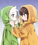 big_ears blush brown_hair clothed clothing coat duo fur green_clothing green_suit hair male raincoat raining suit topwear wet white_body white_fur white_hair yellow_clothing yellow_raincoat yellow_suit porygonleft undertale undertale_(series) asriel_dreemurr chara_(undertale) boss_monster_(undertale) bovid caprine human mammal monster 5:6 hi_res